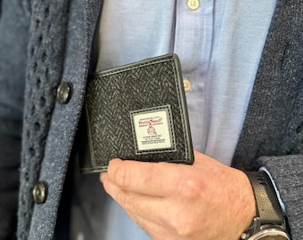 Men's Wallet in Charcoal Herringbone Harris Tweed. This Coin Bifold Wallet makes Unique Gift for him