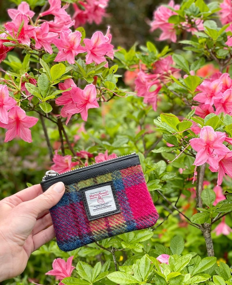 Key Fob Pouch in Blue and Pink Harris Tweed. Small Card Holder / Coin Purse cute wallet image 1