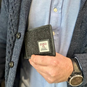 Trifold Wallet in Charcoal Harris Tweed. Cloth Wallet for Men . Small money wallet .