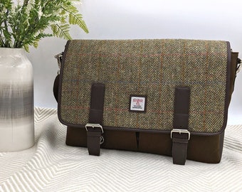 Mens Messenger Bag in Green Harris Tweed. Mens Laptop Bag = Excellent Gift for Him