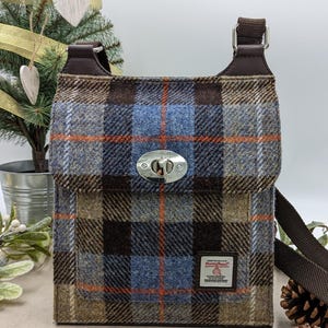Handmade Blue/Brown Harris Tweed Satchel Bag with Pockets - Stylish and Elegant