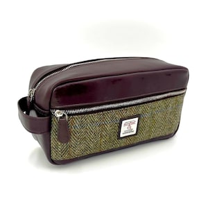 Herren Kulturbeutel. Große Kulturtasche aus grünem Harris Tweed. Ideales Geschenk für Ihn