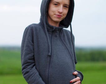 Pregnancy maternity insert for 3-in-1 front/back COTTON babywearing coat from FROGGY STYLE, kangaroo hoodie, fleece coat, gray, graphite