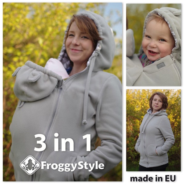 Versatile polar FLEECE Babywearing jacket coat Maternity Kangaroo hoodie  Babyweare FROGGY STYLE dove gray