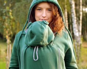 Front / Back 3in1 COTTON Babywearing jacket coat Maternity Multifunctional Kangaroo hoodie Babyweare FROGGY STYLE forest green