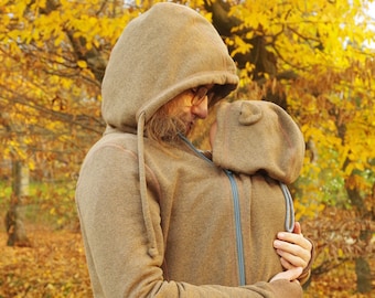 Tandemwearing, Extra baby insert for 3-in-1 Front/Back COTTON Babywearing Jacket /coat FROGGY STYLE, kangaroo hoodie, brown, maternity