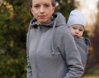 Front / Back 3in1 COTTON Babywearing jacket coat Maternity Multifunctional Kangaroo hoodie Sweatshirt FROGGY STYLE light gray