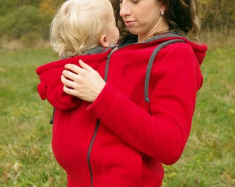 Tandemwearing, Insert bébé supplémentaire pour veste de portage avant/arrière 3 en 1 FROGGY STYLE, manteau polaire à capuche kangourou, rouge