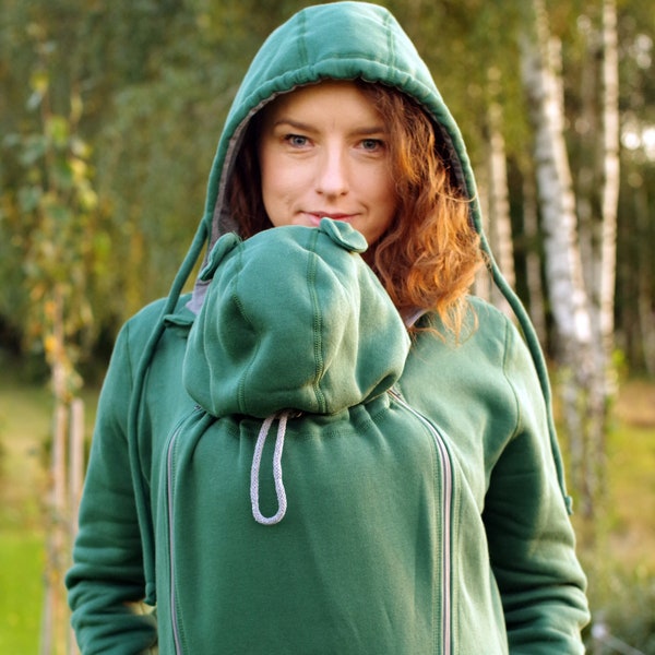 Front / Back 3in1 COTTON Babywearing jacket coat Maternity Multifunctional Kangaroo hoodie Babyweare FROGGY STYLE forest green