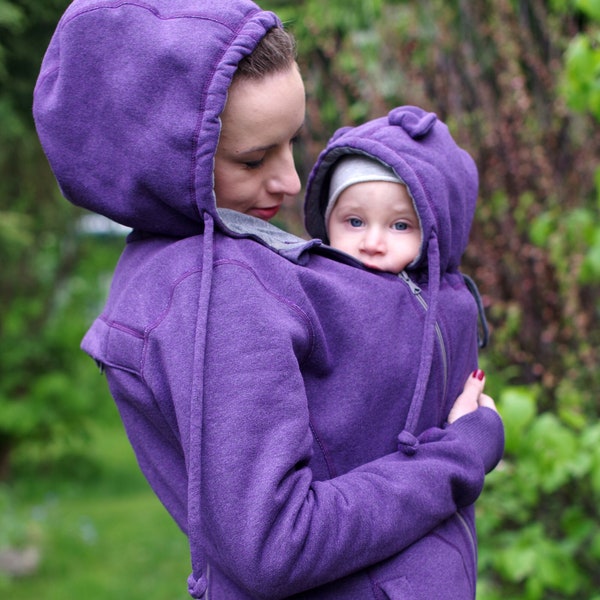 3in1 Babywearing coat, baby wearing jacket, baby carrier cover, cotton, Front/Back kangaroo hoodie, S-2XL, purple, plus size, maternity