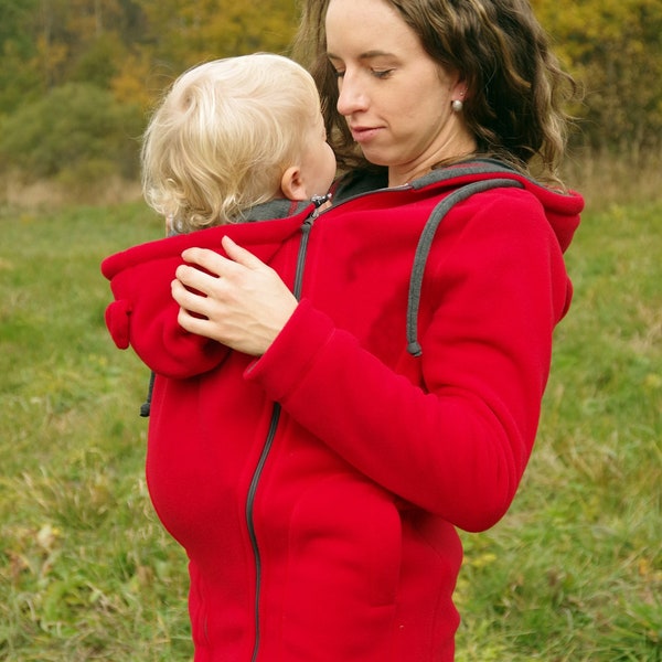 Tandemwearing, Insert bébé supplémentaire pour veste de portage avant/arrière 3 en 1 FROGGY STYLE, manteau polaire à capuche kangourou, rouge