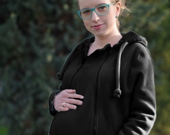 Pregnancy insert for 3-in-1 front/back babywearing jacket FROGGY STYLE maternity, kangaroo hoodie, fleece coat, black