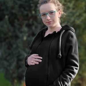 Pregnancy insert for 3-in-1 front/back babywearing jacket FROGGY STYLE maternity, kangaroo hoodie, fleece coat, black