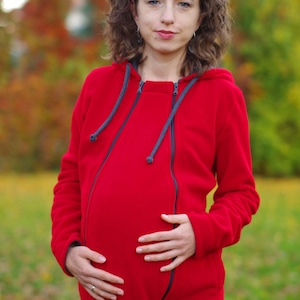 Pregnancy maternity insert for 3-in-1 front/back FLEECE babywearing coat from FROGGY STYLE, kangaroo hoodie, fleece coat, red