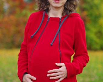 Pregnancy maternity insert for 3-in-1 front/back FLEECE babywearing coat from FROGGY STYLE, kangaroo hoodie, fleece coat, red