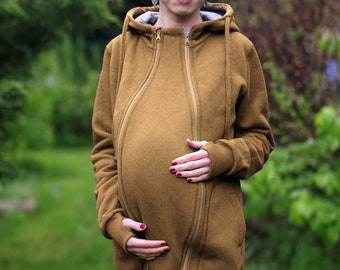 Pregnancy maternity insert for 3-in-1 front/back COTTON babywearing coat from FROGGY STYLE, kangaroo hoodie, fleece coat, brown