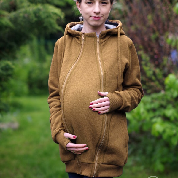 Pregnancy maternity insert for 3-in-1 front/back COTTON babywearing coat from FROGGY STYLE, kangaroo hoodie, fleece coat, brown