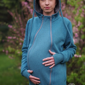 Pregnancy maternity insert for 3-in-1 front/back COTTON babywearing coat from FROGGY STYLE, kangaroo hoodie, fleece coat, blue