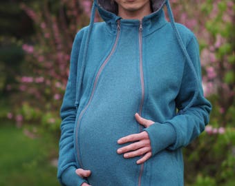 Pregnancy maternity insert for 3-in-1 front/back COTTON babywearing coat from FROGGY STYLE, kangaroo hoodie, fleece coat, blue