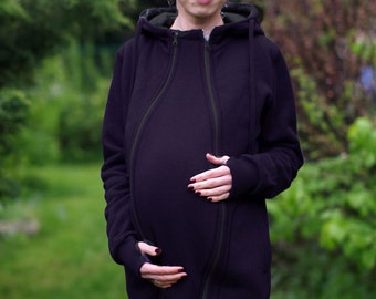 Pregnancy maternity insert only for 3-in-1 front/back COTTON babywearing coat from FROGGY STYLE, kangaroo hoodie, fleece coat, black