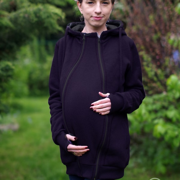 Pregnancy maternity insert for 3-in-1 front/back COTTON babywearing coat from FROGGY STYLE, kangaroo hoodie, fleece coat, black