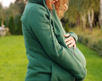 Pregnancy maternity insert for 3-in-1 front/back COTTON babywearing coat from FROGGY STYLE, kangaroo hoodie, fleece coat, green