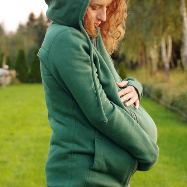 Pregnancy maternity insert for 3-in-1 front/back COTTON babywearing coat from FROGGY STYLE, kangaroo hoodie, fleece coat, green
