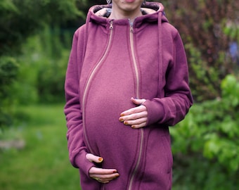 Pregnancy maternity insert for 3-in-1 front/back COTTON babywearing coat from FROGGY STYLE, kangaroo hoodie, fleece coat, pink