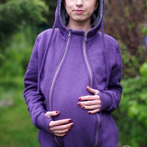 Pregnancy maternity insert for 3-in-1 front/back COTTON babywearing coat from FROGGY STYLE, kangaroo hoodie, fleece coat, purple