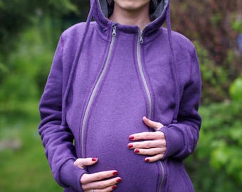 Pregnancy maternity insert for 3-in-1 front/back COTTON babywearing coat from FROGGY STYLE, kangaroo hoodie, fleece coat, purple