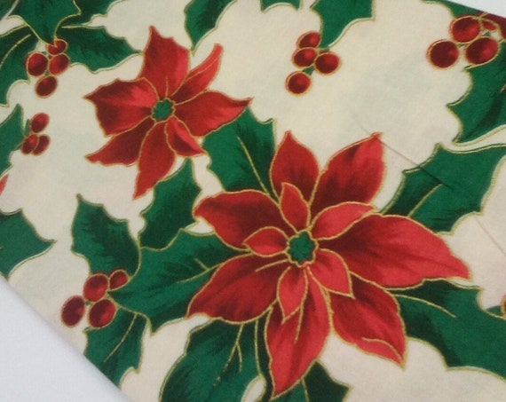 1 Meter Cotton Christmas Fabric, Poinsettia Print Fabric, Christmas Cheer, Christmas Floral Material