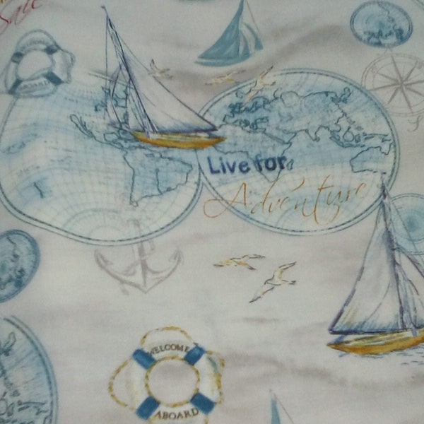 2 Yards Nautical Novelty Fabric, Cotton Fabric, Nautical Fabric, Sailboat Novelty Material