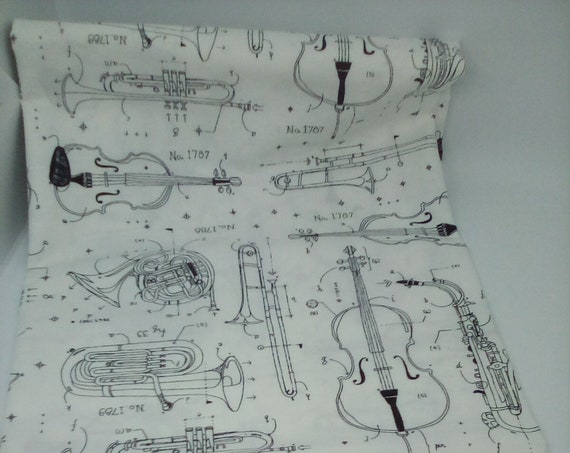 1 Yard 100% Cotton Fabric, Opus Instruments on White Background, By Windham Fabrics