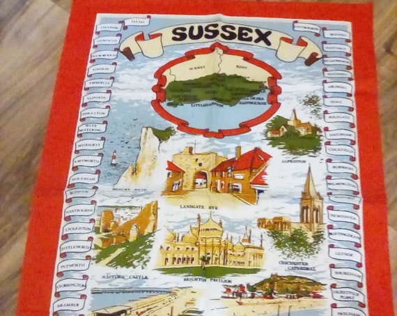 Sussex England Tea Towel, Souvenir Sussex Tea Towel Made in Britain, Cotton Novelty Tea Towel, Made in Britain