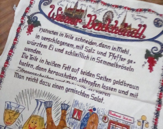 Vintage German Tea Towel, German Recipe Tea Towel, German Recipe for Wiener Backhendl , Souvenir Tea Towel Made in Germany