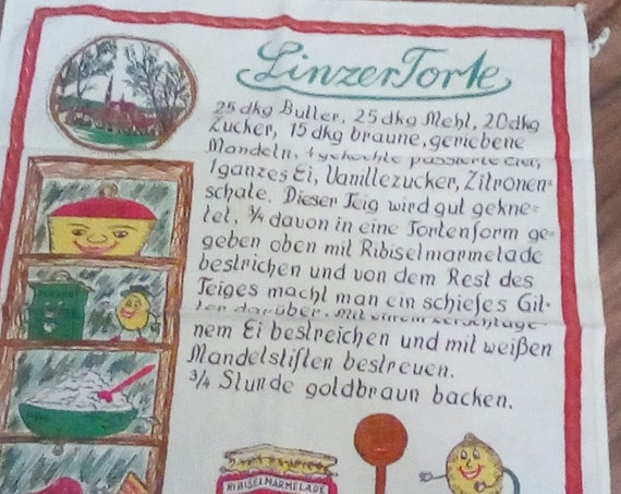 Vintage German Souvenir, German Recipe for Linder Torte Tea Towel, Made in Germany Cotton Tea Towel