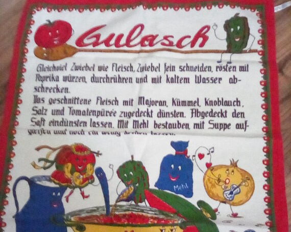 German Recipe Tea Towel, German Recipe for Gulasch, Made in Germany Souvenir Tea Towel, Vintage Cotton Novelty Towel