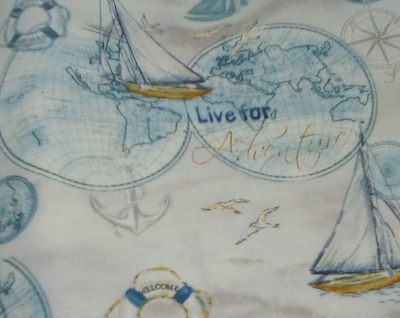 Nautical Novelty Fabric, Cotton Fabric, 2 Yards Nautical Fabric, Sailboat Novelty Material
