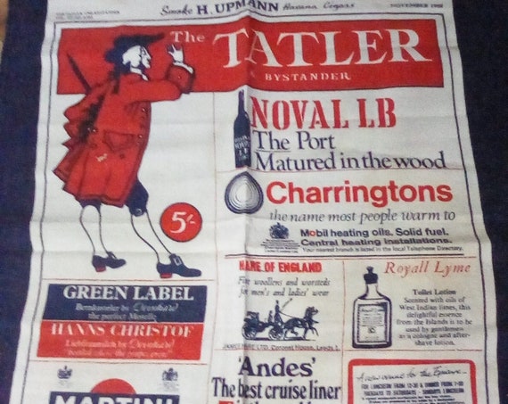 Vintage British Tea Towel, British Cotton Kitchen Towel, The Tatler & Bystander 1970s British Souvenir Tea Towel