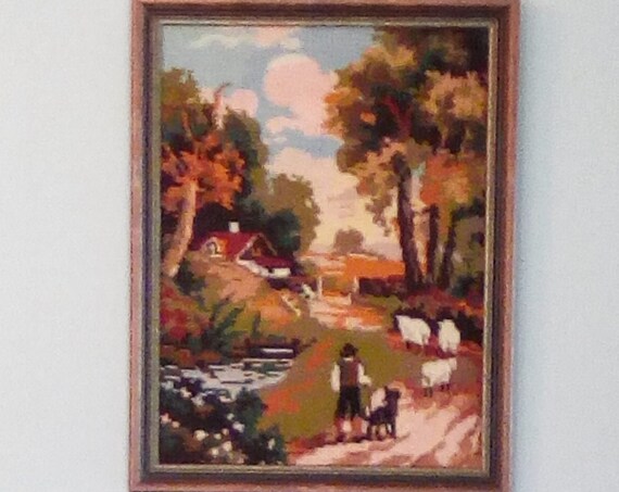 Vintage Needlepoint, Framed Landscape, Framed Needlepoint