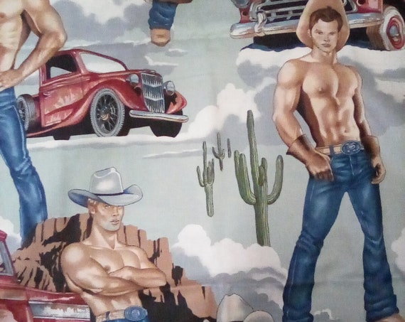 1 Yard 100% Cotton Novelty Fabric, Wrangler Pin Ups, Vintage Style Cowboy Pin Ups, Handsome Hunks