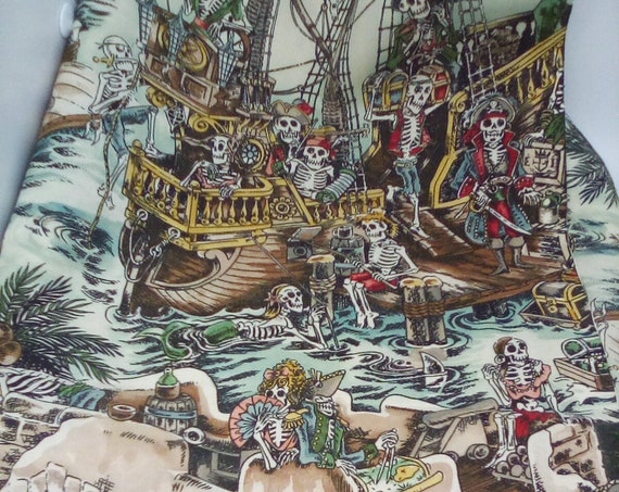 1 Yard of 100% Cotton Fabric, Skeleton Pirates on Ships, Fabric Art, Skellewegs on Pirate Ships