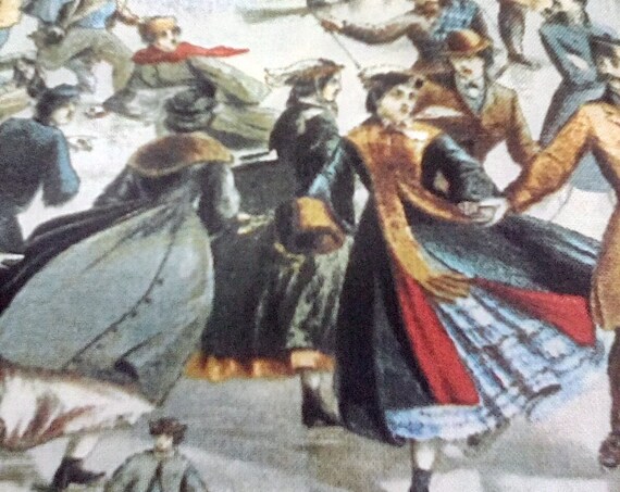 1 Yard Victorian Novelty Cotton Fabric, Victorian Skating Scenes, Carrier and Ives