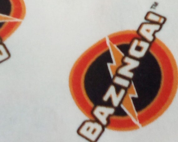 1 Yard Novelty Flannel, The Big Bang Theory Licensed Fabric, "Bazinga" on White Background
