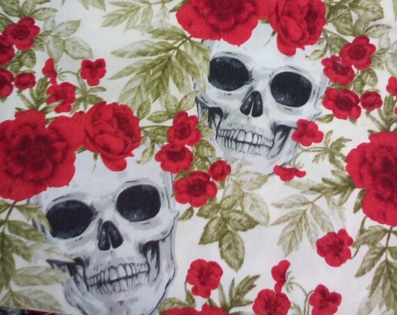Novelty Fabric, Skull and Roses Material, Gothic Print Cotton fabric, 3 yards