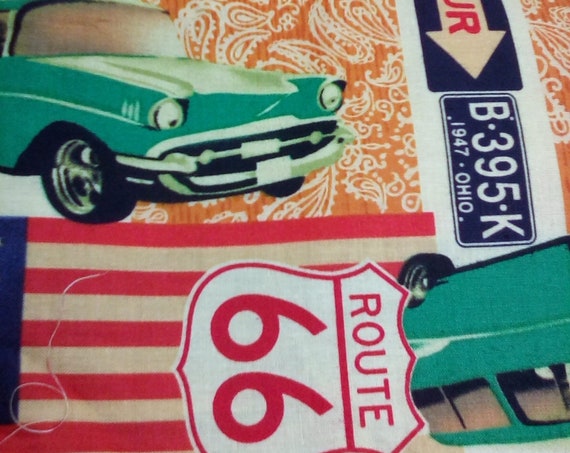 2 Yards Cotton Novelty Fabric, Route 66 and American Cars Material, Cotton Poplin
