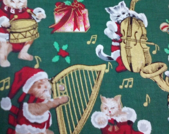 1 meter Cotton Novelty Christmas Fabric, Santa Kittens,Festive Christmas Cats Fabric, Festive Cats Playing Music Material