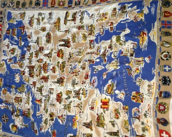 Vintage Tablecloth of Europe, Souvenir Tablecloth of European Map of Landmarks and Coats of Arms, Tablecloth Europe Map