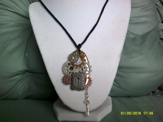 Steampunk Necklace, Geared to Lock and Key Pendant on Black Cord, Steampunk Style Necklace, Gears Jewelry, Steampunk Jewelry for Her