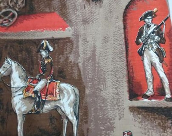 Vintage Cotton Upholstery Material, Horses and Soldiers of Civil War, 3.5 Yards Fabric,